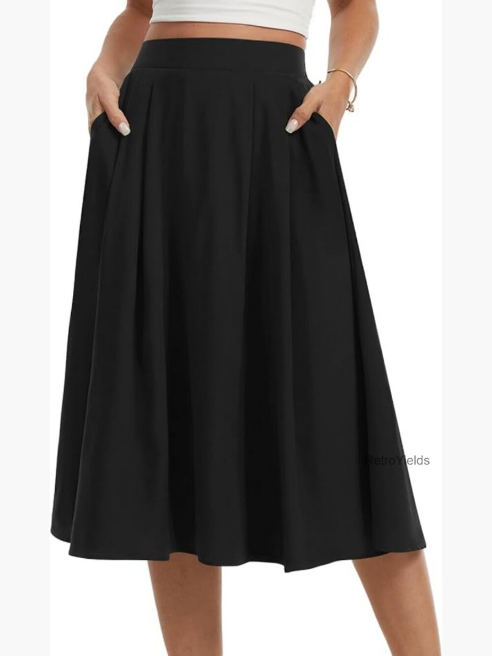 Flowy A-Line Midi Skirt High Waisted with Pockets Chiffon